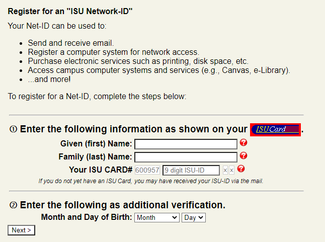 A screenshot of the fields a user needs to complete for registering a Net-ID.